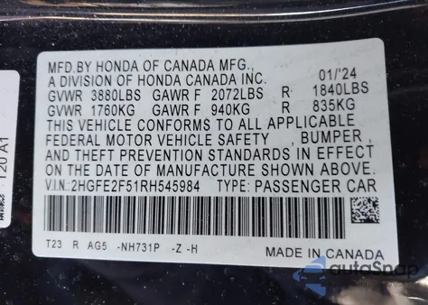 2024 Honda Civic Sport from USA, damaged, VIN 2HGFE2F51RH545984